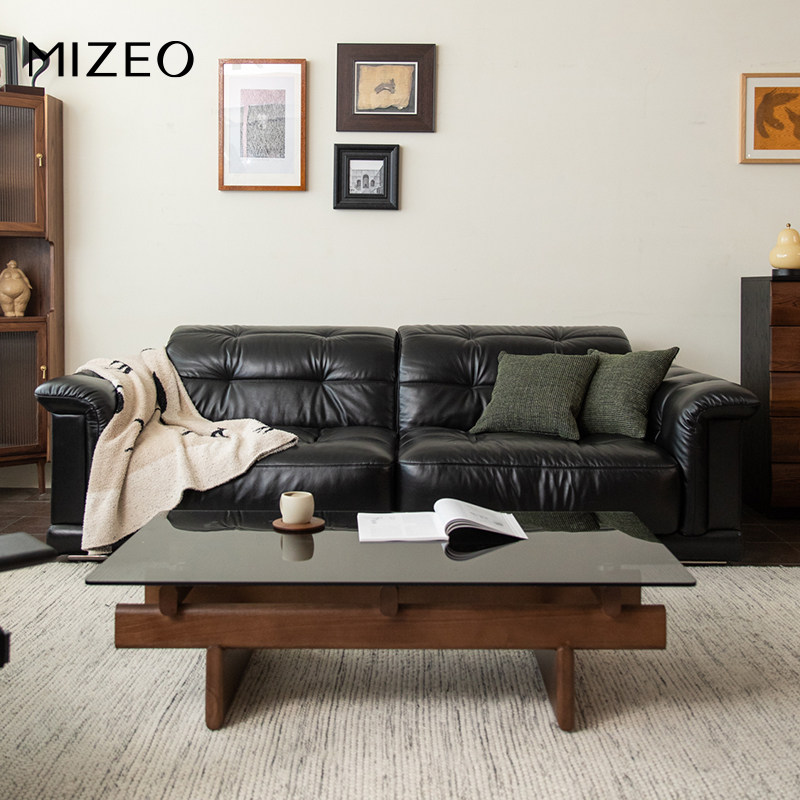 MIZEO 米卓/法式复古全青真皮客厅沙发三人可调节高靠背黑色沙发