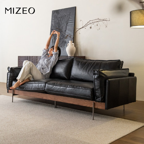 MIZEO 米卓/YUZU沙发小户型中古全实木直排油蜡全青头层真皮沙发