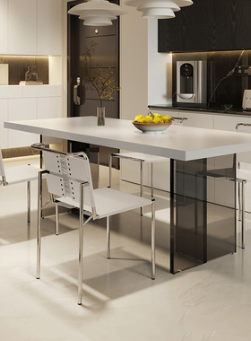 现代简约悬浮白色下挂岩板亚克力餐桌椅组合小户型长方形家用网红