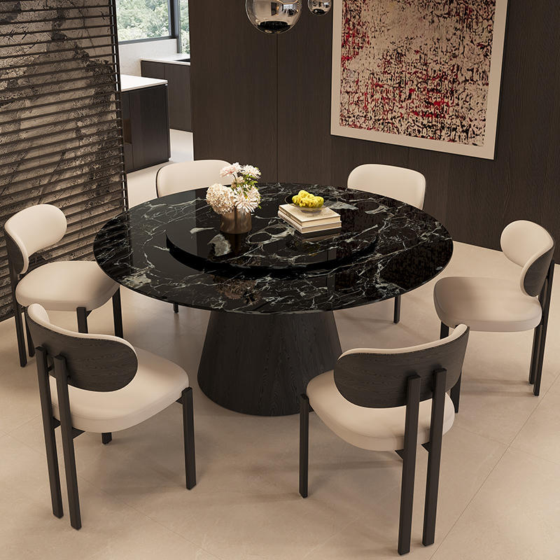 进口天然奢石黑玫瑰圆形餐桌