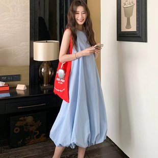 蓝色小清新超好看甜美减龄无袖 温柔风显瘦连衣裙女 蓬蓬裙夏季 新款