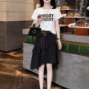 夏天超好看套装 T恤不规则半身裙两件套潮 女韩系时尚 减龄露肩短袖