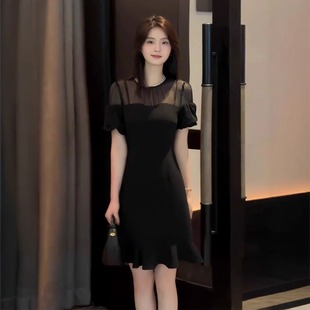 赫本风黑色拼接网纱连衣裙女夏季 短裙子 大码 胖mm气质减龄通勤时尚