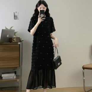 高级感法式 实拍大码 新款 女装 钉珠黑色正肩胖MM显瘦连衣裙 2025夏季