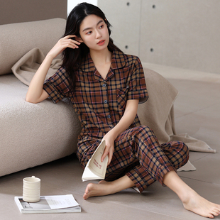 中老年妈妈高级感家居服套装 睡衣女夏季 格子春秋薄款 纯棉短袖 长裤