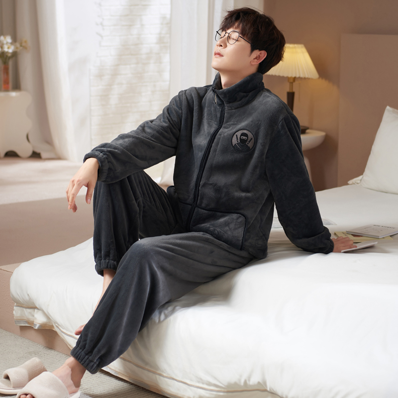 法兰绒睡衣男秋冬加厚加绒家居服