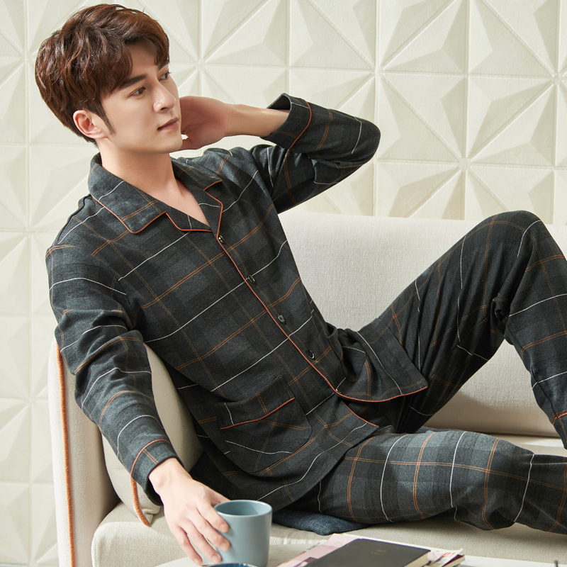 纯棉睡衣男春秋款长袖家居服套装