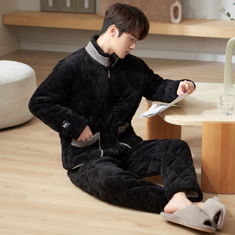 三层夹棉睡衣男冬季加厚加绒套装