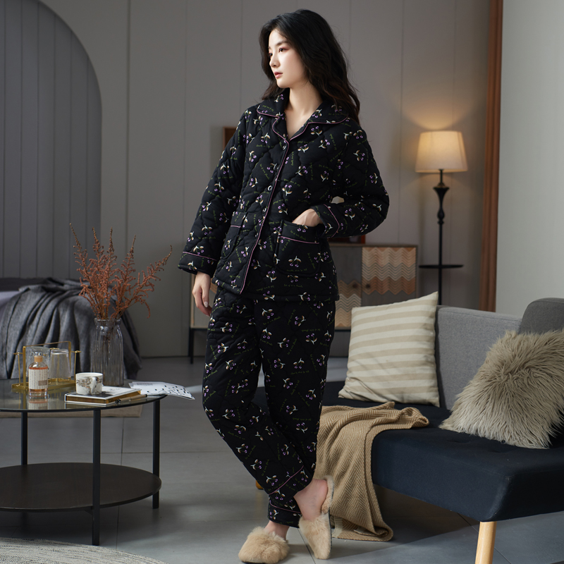 活性印染纯棉夹棉睡衣女秋冬加厚