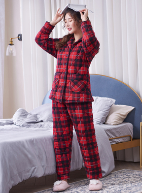 睡衣女秋冬季加厚纯棉格子红色本命年大码夹棉三层保暖家居服套装