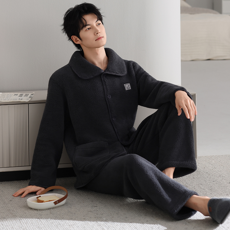 羊羔绒睡衣男秋冬加厚加绒家居服