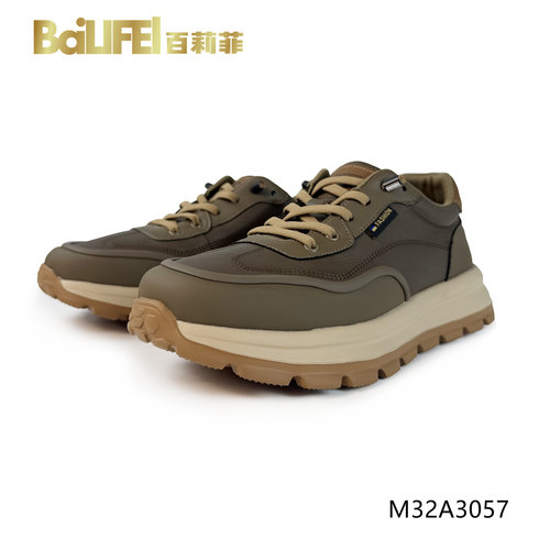 百莉菲男款真皮运动超轻软底跑步休闲厚底阿甘板鞋M32A3057