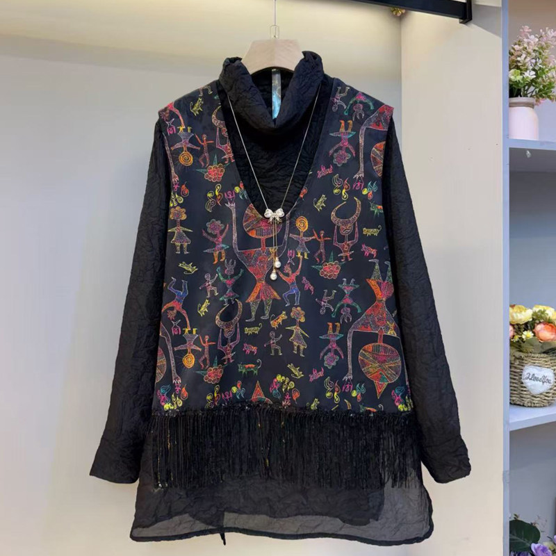 胖妹妹大码春季新款时尚复古风印花流苏马甲长袖打底衫两件套女潮,女装/女士精品,大码套装,淘宝优惠券,粉丝福利购,淘宝优惠卷