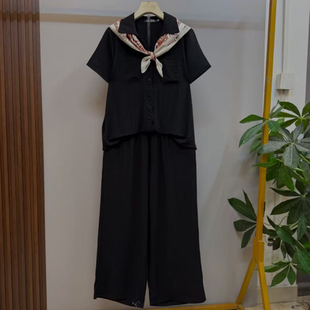 胖妹妹大码夏季翻领短袖上衣阔腿裤两件套女通勤休闲显瘦减龄套装