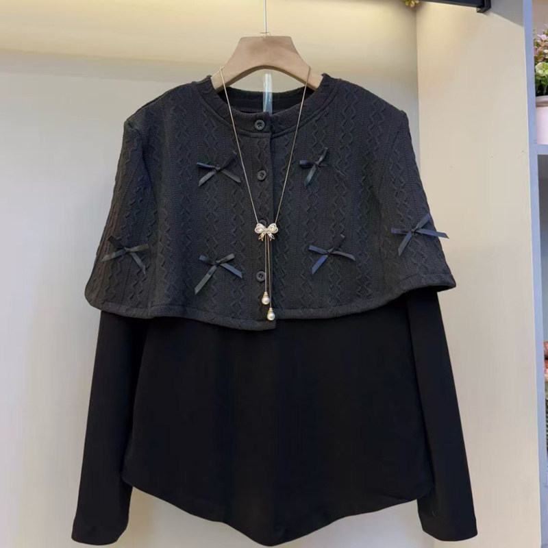 大码时尚蝴蝶结针织斗篷大衫女