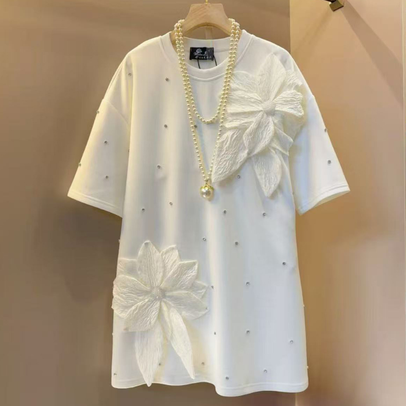 2025新款大码白色重工钉珠T恤