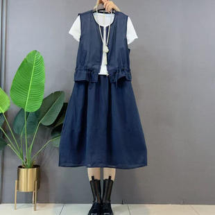 胖妹妹大码夏季新款马甲打底半袖半身裙三件套女韩版显瘦通勤套装