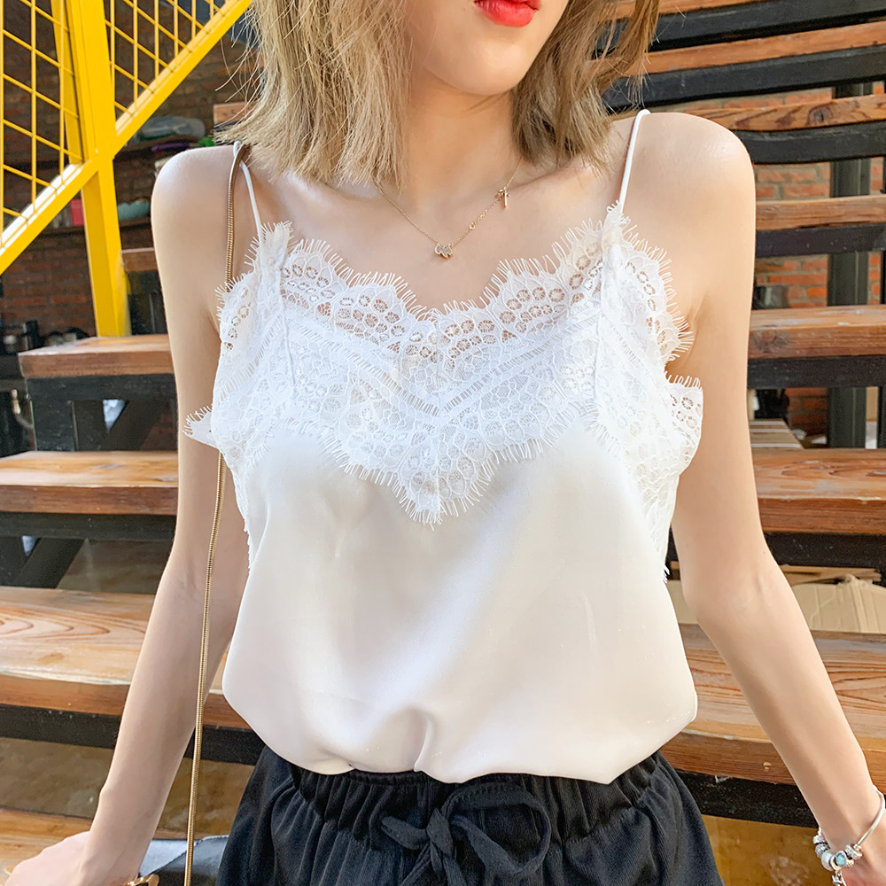 v领丝绸缎面吊带打底背心女蕾丝拼接内搭宽松无袖上衣t恤打底衫夏