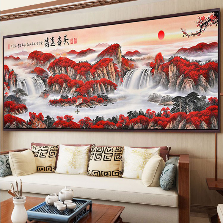人工绣好的成品十字绣鸿运当头客厅办公室风景山水线绣大画纯手工
