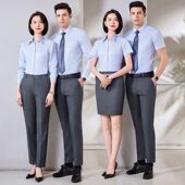 男女衬衫 酒店绣同款 定制条纹工作服蓝色 LOGO衬衣教师职业套装 正装