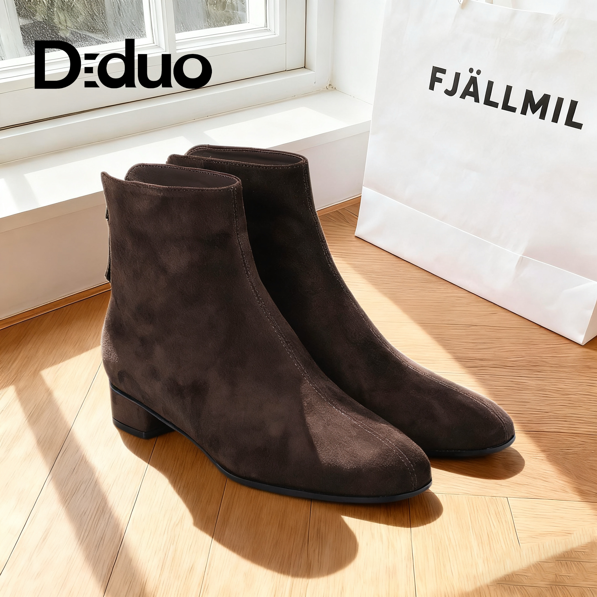 【新品】Diduo/迪朵2025法式绒面短靴女粗跟百搭瘦瘦靴显瘦及踝靴