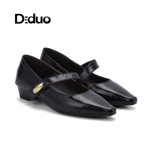 【新品】Diduo/迪朵2026法式复古玛丽珍鞋女黑色真皮粗跟一字扣