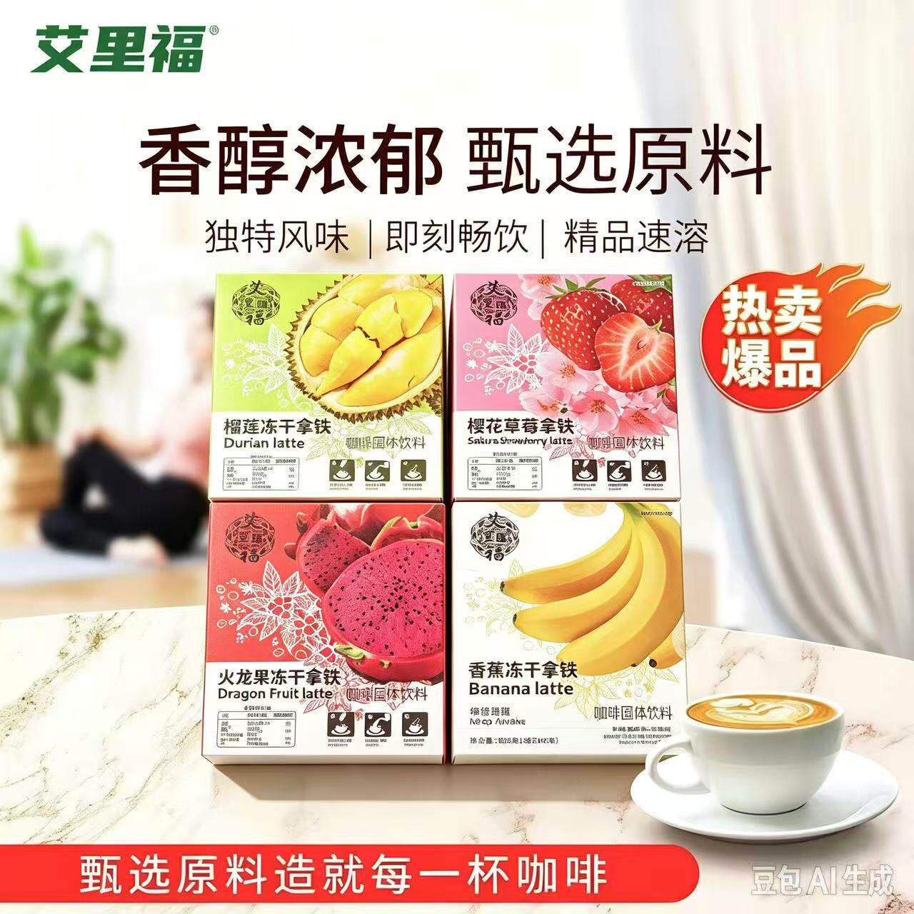 艾里福榴莲香蕉草莓火龙果冻干拿铁速溶云南咖啡果味香浓学生上班