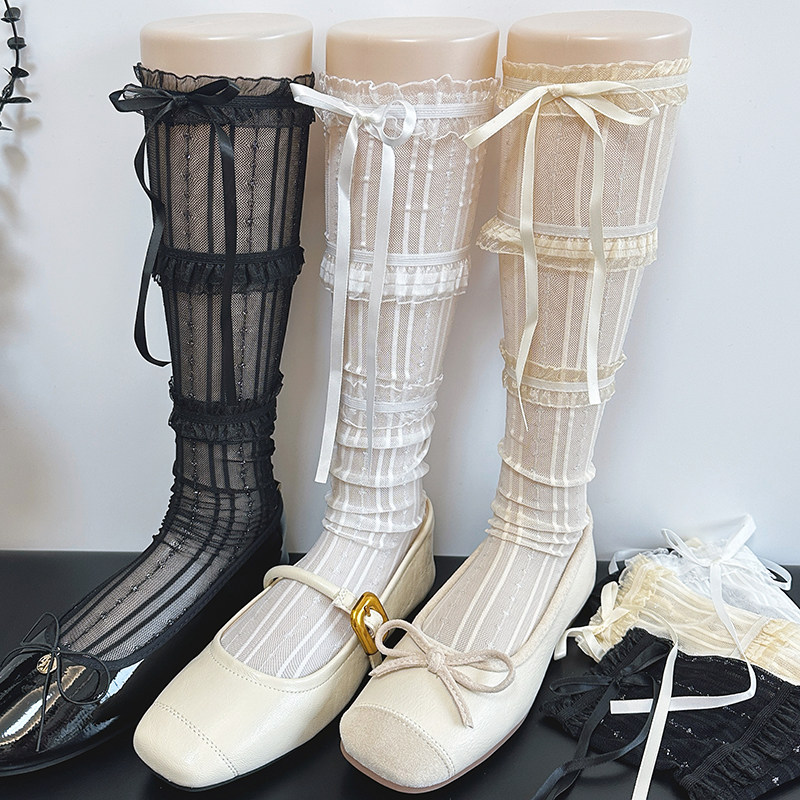 日系jk甜美网纱奶白色小腿春夏季白色蝴蝶结中筒袜黑色堆堆袜子女,女士内衣/男士内衣/家居服,中筒袜,淘宝优惠券,粉丝福利购,淘宝优惠卷