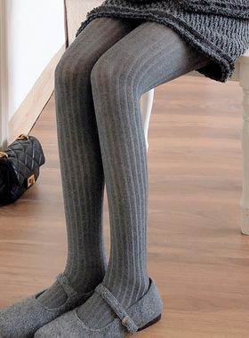烟灰色连裤袜女春秋薄款棉质竖条纹miu风浅灰色打底裤韩JK白丝袜