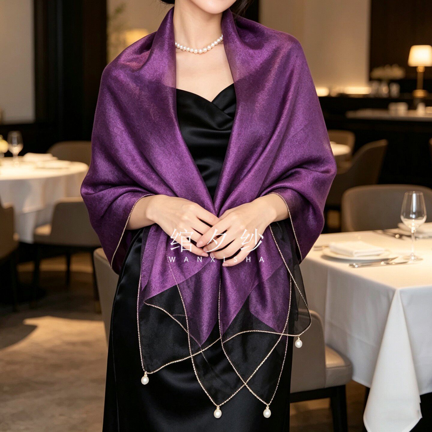 专柜紫色高档双层真丝丝巾钻珠桑蚕丝围巾礼服披肩长款百搭女春夏