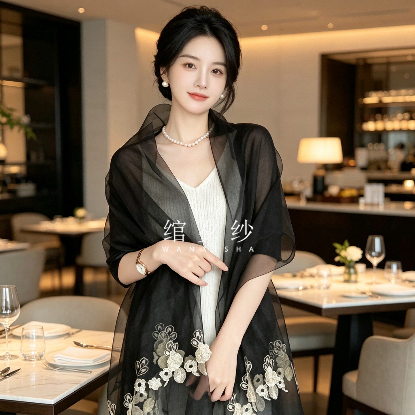时尚黑色桑蚕丝丝巾真丝欧根纱围巾旗袍披肩刺绣长巾薄女士夏秋季
