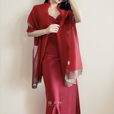 高档酒红色真丝羊毛围巾礼服披肩