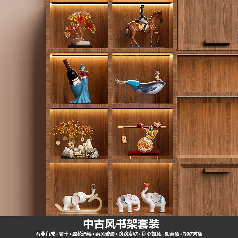 新中式软装高级感摆件红酒架中古风乔迁新居客厅书房展示柜装饰品