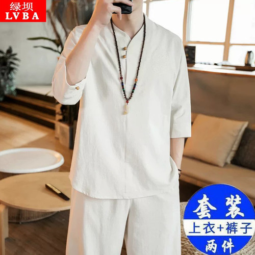 纯棉面料夏套装中国风一套改良