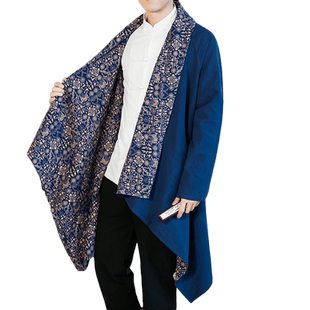 春秋中国风男装唐装改良汉服宽松复古民族风拼接棉麻外套潮男长袍