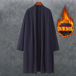 冬季加绒风衣男中长款宽松加肥加大码保暖开衫外套复古无扣长袍男
