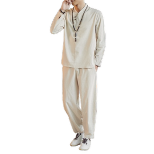 套装男复古中国风一套衣服圆领休闲民族风汉服古风长袖长裤两件套