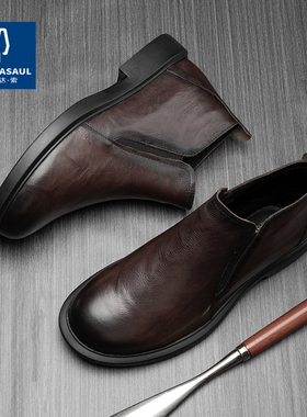 帕达索切尔西靴秋冬季真皮英伦皮鞋头层牛皮一脚蹬软底皮靴231020