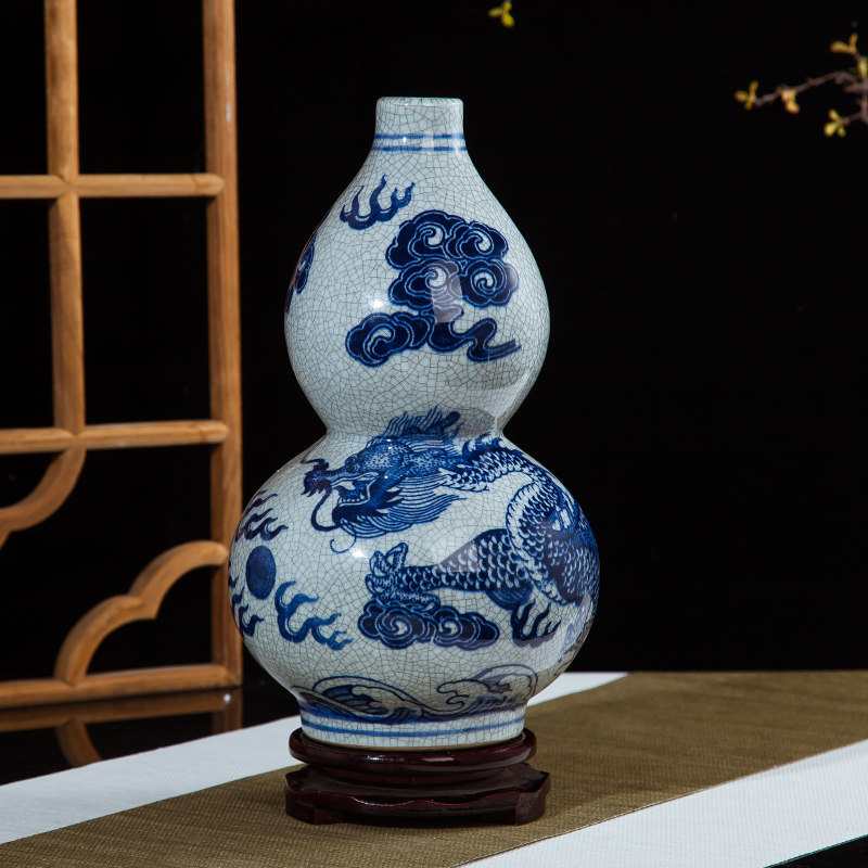 景德镇陶瓷器花瓶仿官窑青花开片龙纹古典家居客厅装饰品中式摆件
