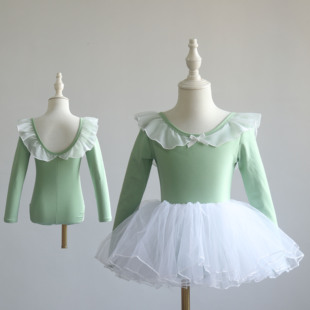 公主风女童长袖 练功服绿色娃娃领芭蕾舞服儿童体操服