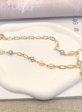 2025天然淡水巴洛克珍珠螺纹珠粉紫彩色粗链条水手扣项链锁骨链