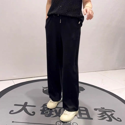 2718女权贵族初夏新品松紧腰时尚满钻显瘦窄版拖地裤加大码女装