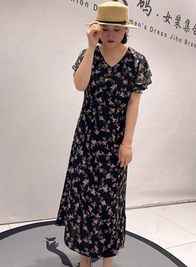 5333芮娜依莲夏款新品v领碎花图案遮肉显瘦单层连衣裙加大码女装