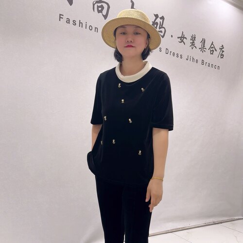6352女权贵族初秋新品两侧开衩重工图案减龄显瘦气质衫加大码女装