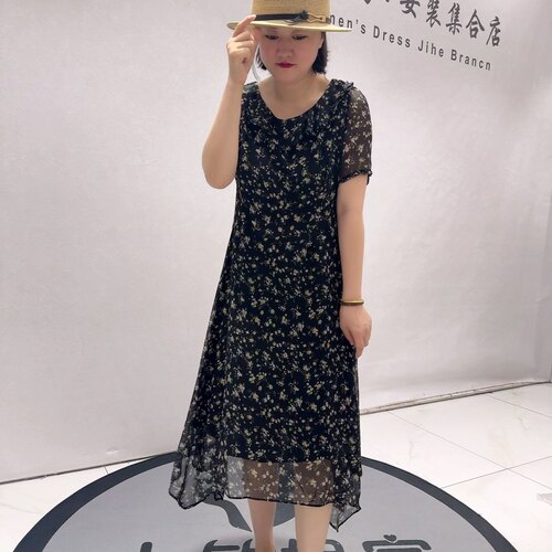 31059女权贵族夏款新品不规则底边收腰显瘦碎花连衣裙加大码女装
