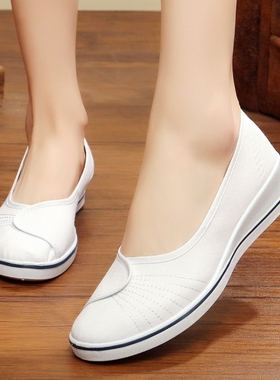 正品老北京布鞋女鞋一字护士鞋白色坡跟工作鞋软牛筋底透气美容鞋