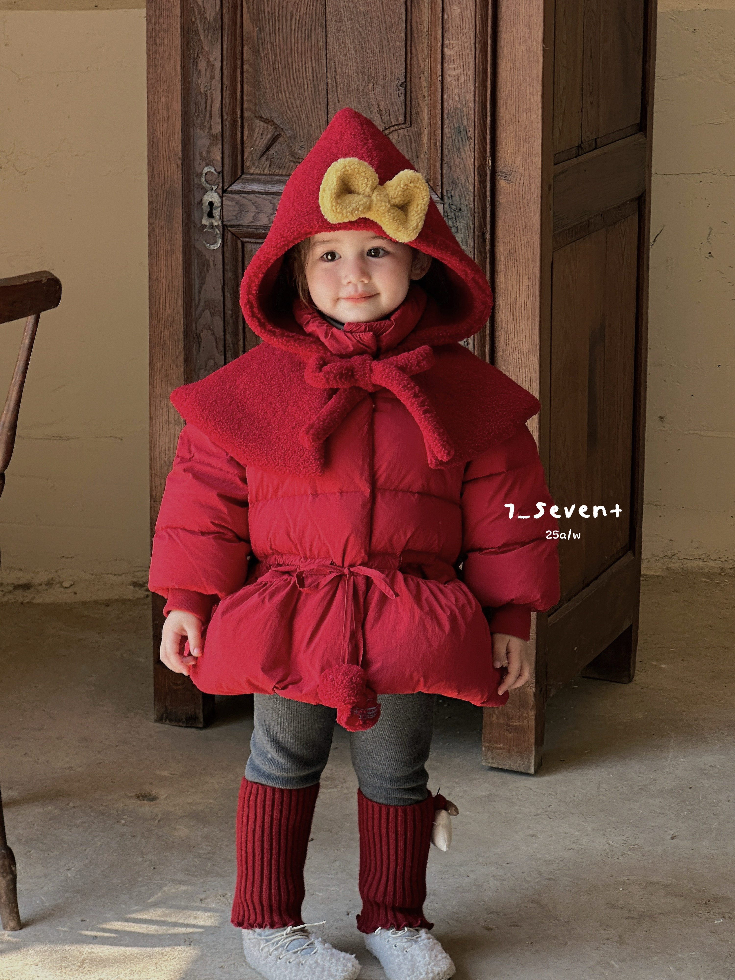 7seven 25年冬新款女童红色羽绒服  正品配防伪码 90安心白鸭绒