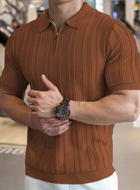 拉链polo衫男短袖夏季针织薄款休闲百搭潮流时尚修身条纹冰丝t恤