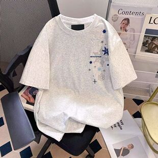 情侣装 美式 2026新款 T恤女夏季 重磅纯棉宽松上衣 复古雪花刺绣短袖