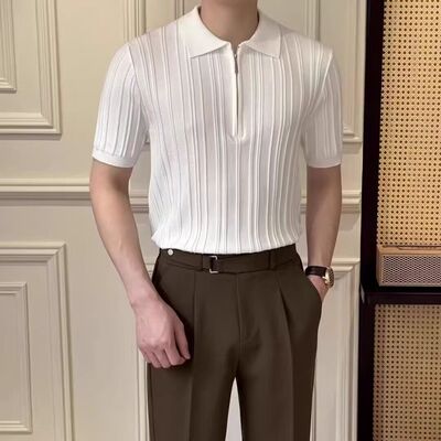 老钱风复古针织半拉链polo衫短袖男高级感痞帅翻领t恤肌理感上衣